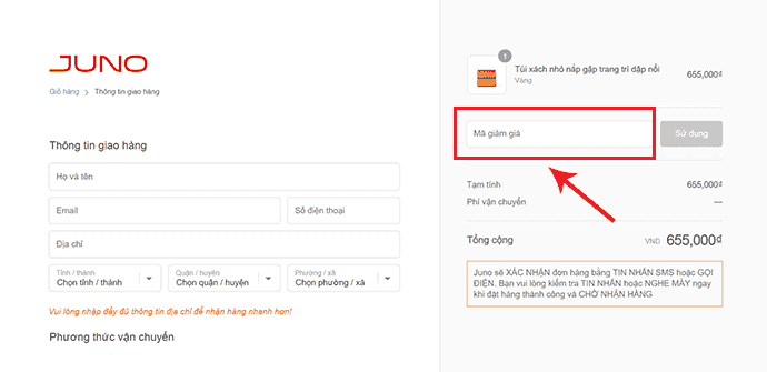 Cách sử dụng mã giảm giá tại Juno